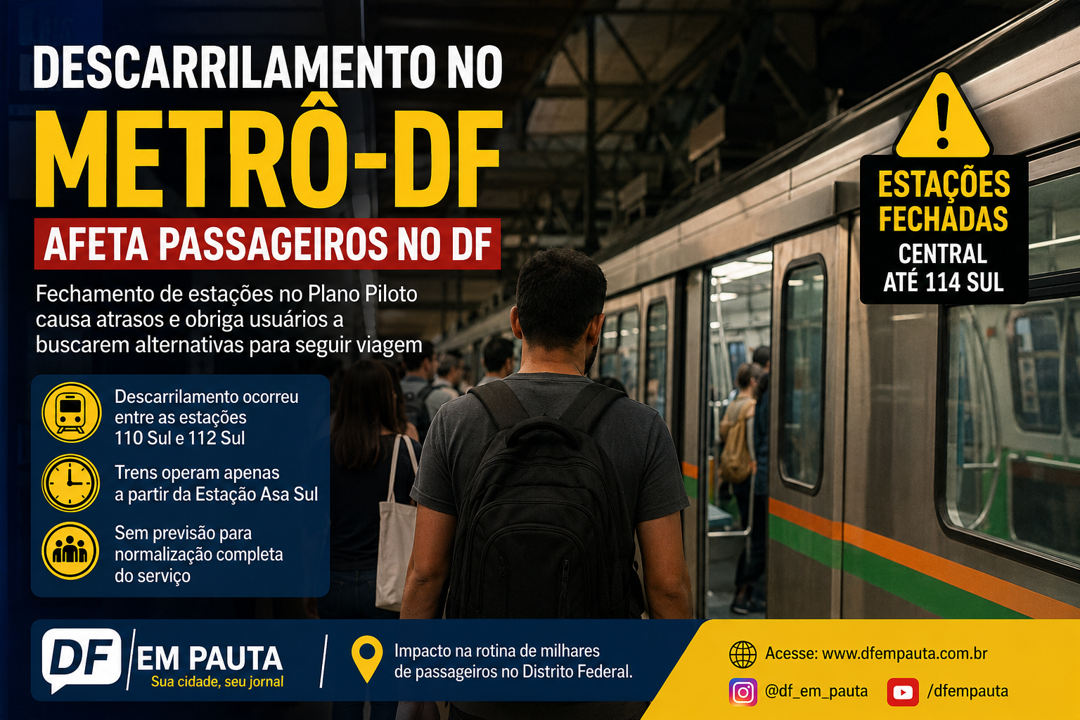Descarrilamento no Metrô expõe a fragilidade da rotina de quem depende do transporte público no DF.